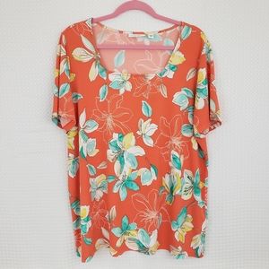 Susan Graver Floral Liquid Knit Top Orange Teal Flower Stretch size 1X Office